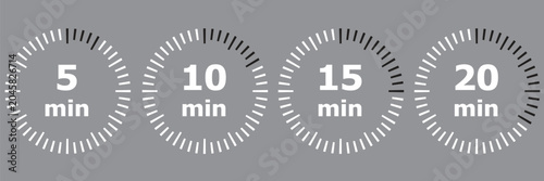 Minimalist timer icons showing 5 10 15 and 20 minute intervals with white dial markings on a solid gray background