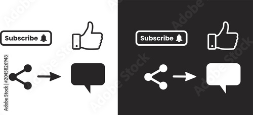Subscribe like share and comment icons in black and white