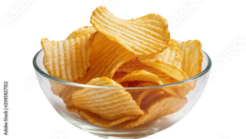 Foto Crispy ridged potato chips piled high in a clear glass bowl, isolated on transpa