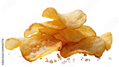 Quadro su tela Golden potato chips with coarse salt crystals, isolated on transparent backgroun