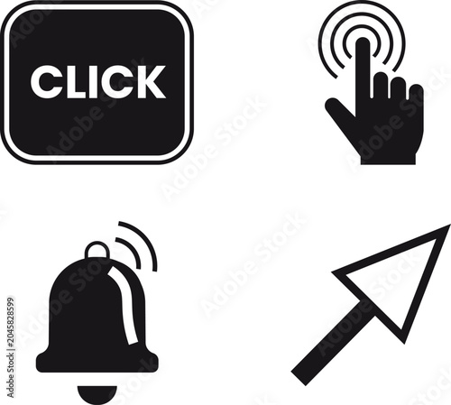 Black and white computer interface icons for clicking and notifications