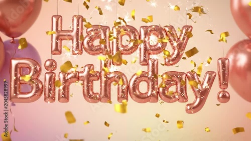 4K Elegant Rose Gold Happy Birthday Text with Floating Glossy Balloons