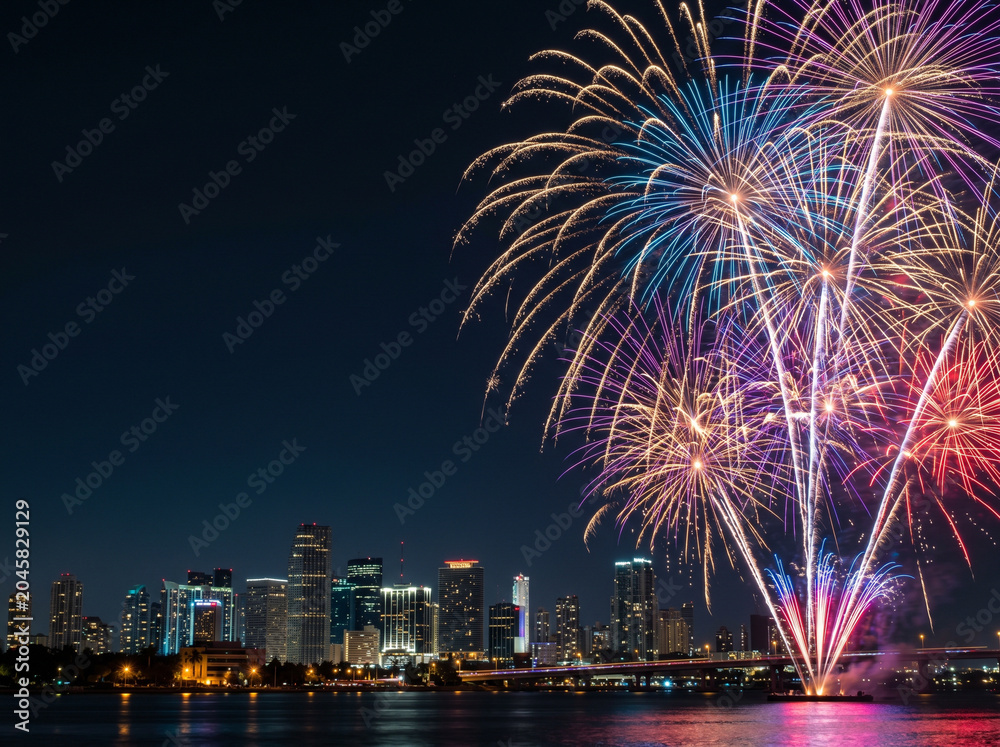 Fototapeta premium Vibrant Fireworks Exploding Over Modern City Skyline at Night with Copy Space on Left