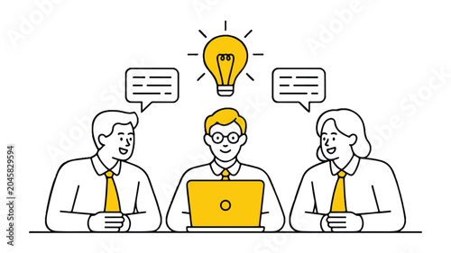 Three business people having a meeting with a lightbulb idea