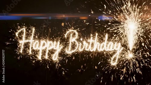 4K Cinematic Slow Motion Sparklers Painting Happy Birthday Text in Dark