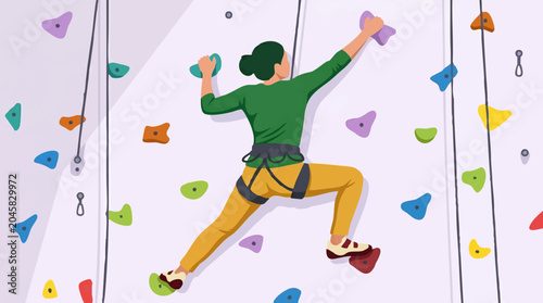 фотографія Female rock climber ascending an indoor climbing wall illustration
