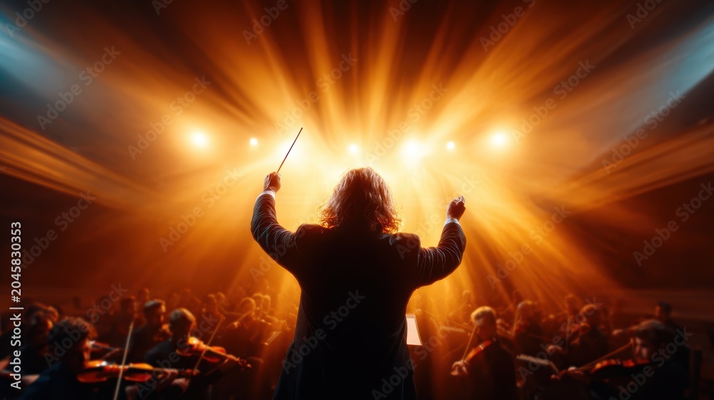 Fototapeta premium A conductor passionately leads a full orchestra under dramatic lighting, showcasing the artistry of music creation and the power of collective performance in concert halls.