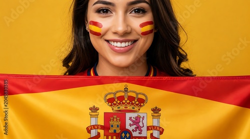 Woman with Spanish flag and face paint smiles confidently.