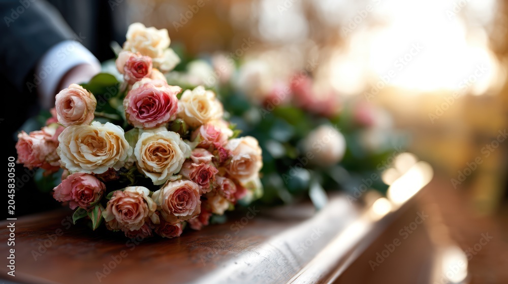 Obraz premium A poignant bouquet of roses rests gently on a beautiful wooden casket, symbolizing love, remembrance, and the cycle of life, evoking heartfelt emotions in a serene setting.