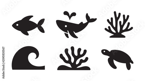 Black silhouettes of ocean creatures and coral