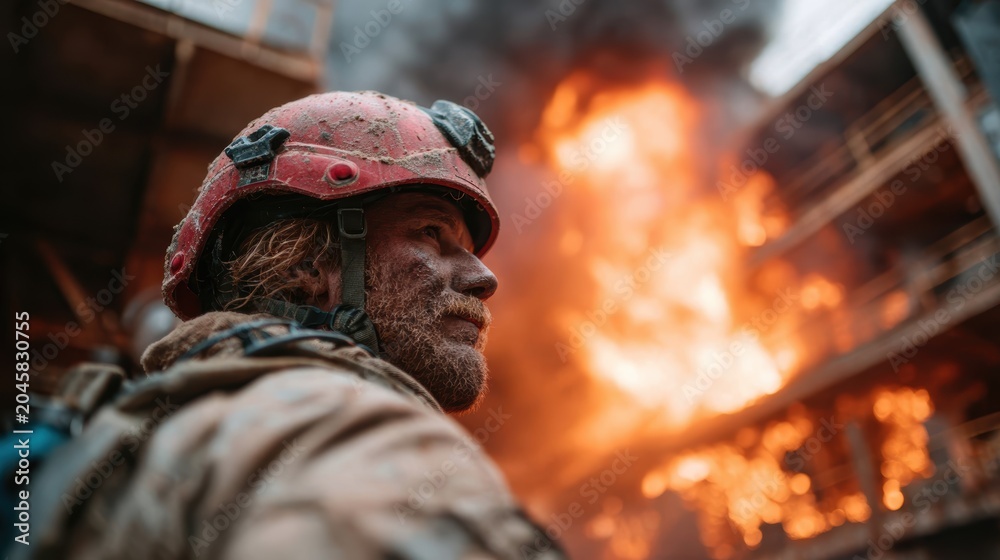 Obraz premium A rugged firefighter stands tall amidst a raging fire, showcasing bravery and determination as he confronts the fierce blaze, embodying courage in times of danger.