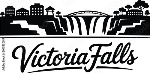 Fotografie Victoria falls iconic landscape illustration with city buildings, a majestic wat