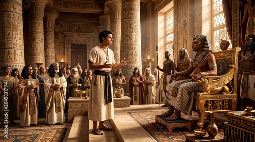 Joseph Interpreting Dreams for the Pharaoh Surrounded by Ancient Egyptian Officials in a Majestic Court