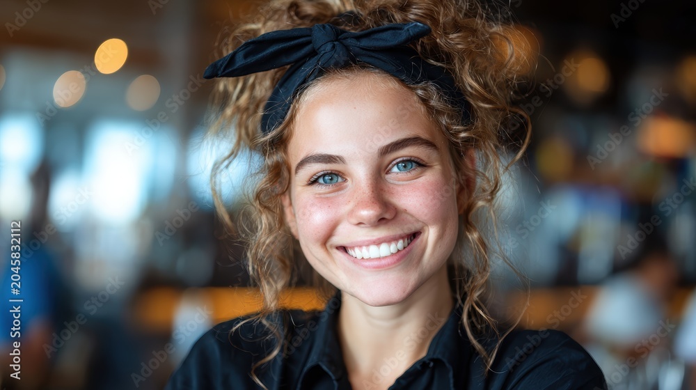 Fototapeta premium A bright and cheerful young girl with curly hair and a heartwarming smile, embodying the essence of youth and joy in a lively social gathering atmosphere.
