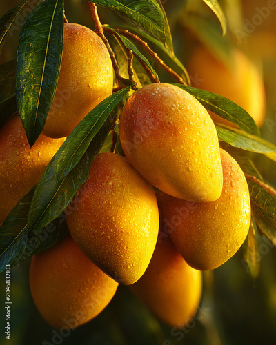 Fresh mangoes hanging on tree in summer generated.AI