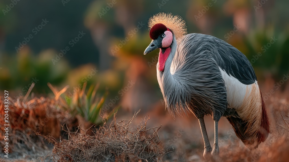 Fototapeta premium A majestic crane stands tall amidst a natural backdrop, showcasing its striking crown-like feathers and vibrant colors in a serene wildlife setting.