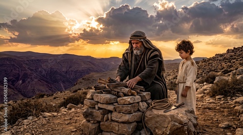 Abraham Preparing Altar with Isaac Beside Him Conveying Deep Obedience Faith and Emotional Tension at Sunset