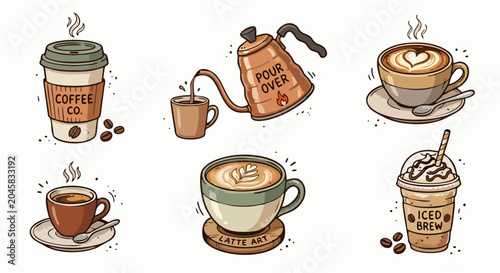 Obraz na plátne Retro Coffee Set with Takeaway Cup Pour Over Kettle Latte Art Espresso and Iced