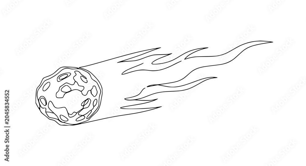 Εκτύπωση καμβά Meteoroid with fiery tail, hand-drawn line art, cosmic object in motion, space i
