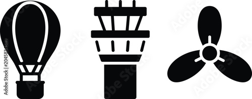 Foto Hot air balloon, control tower, and airplane propeller icons for aviation and tr