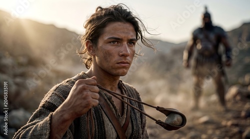 Courageous Young David Slingshot Ready Faces Giant Goliath a Powerful Symbol of Unwavering Faith and Determination