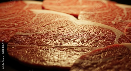 Raw Marbled Beef Steak Slices on Wooden Surface