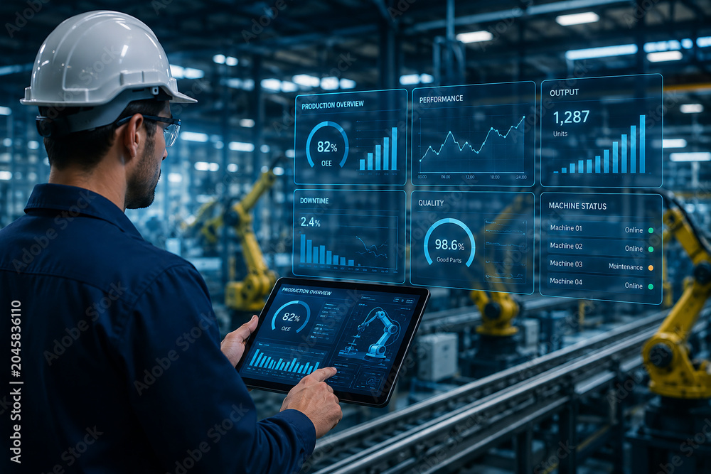 Engineer using digital tablet for industrial automation and smart factory monitoring