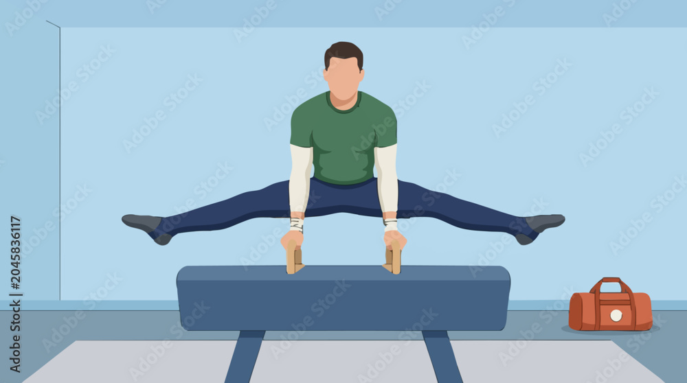 Fototapeta premium Illustration of Male Gymnast Performing Straddle V-Sit on Pommel Horse