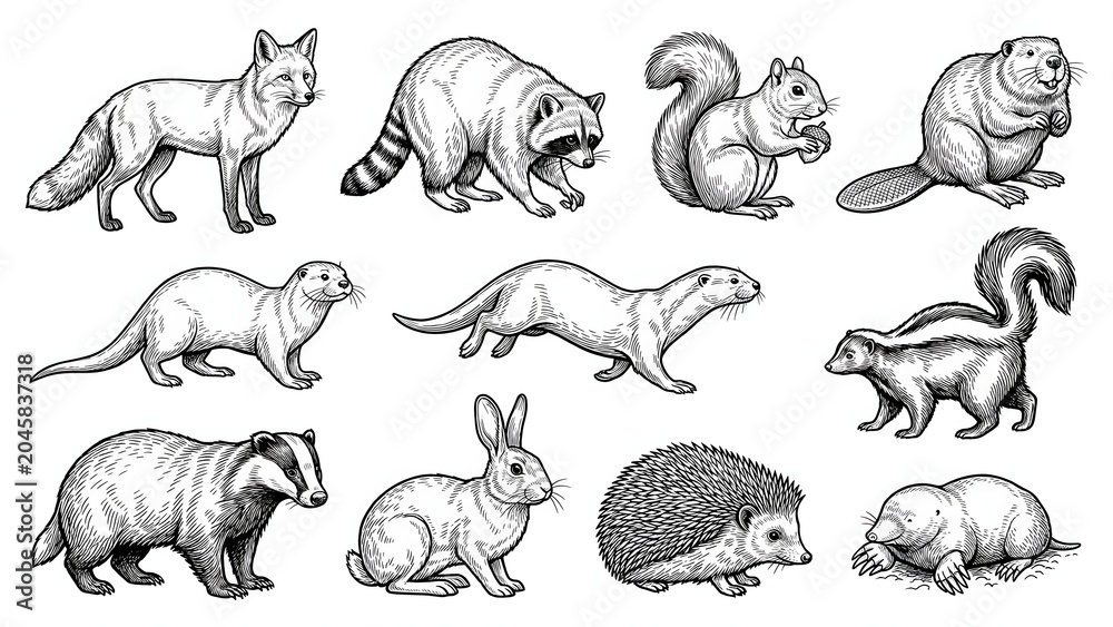 Fototapeta premium Hand drawn sketch collection of forest and woodland mammals vector illustration