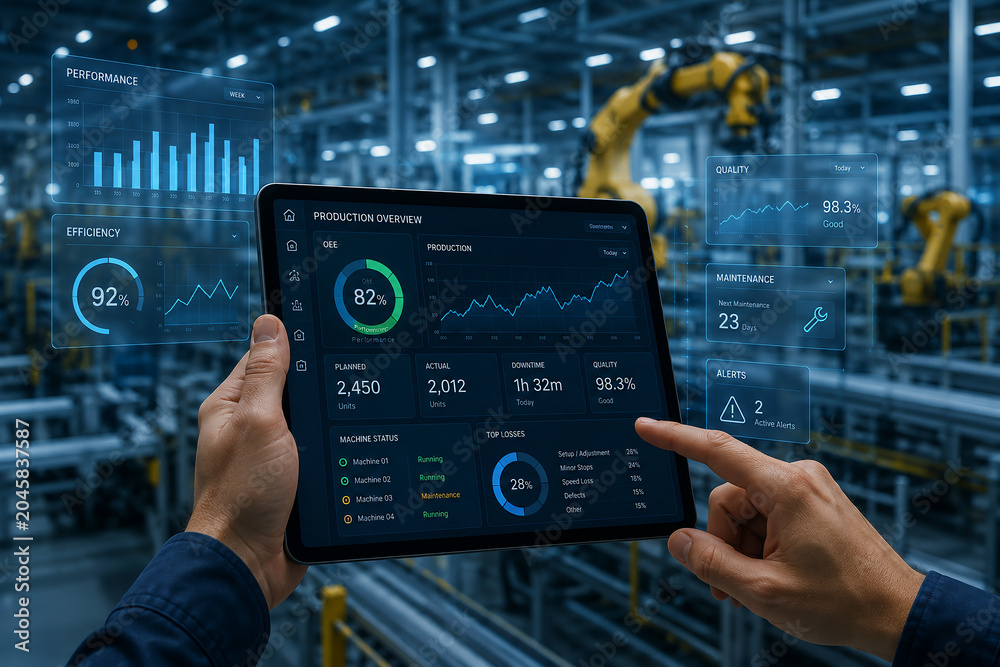 Industrial Automation Control Tablet with Real-time Production Data Dashboard in Smart Factory