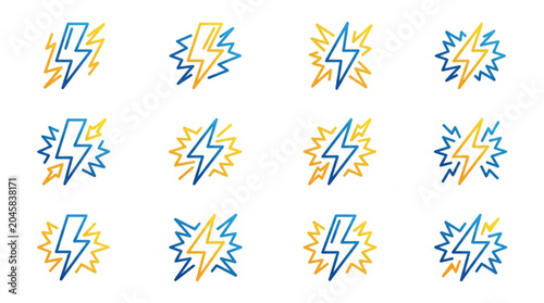 Fotografia Collection of lightning bolt icons in blue and yellow.
