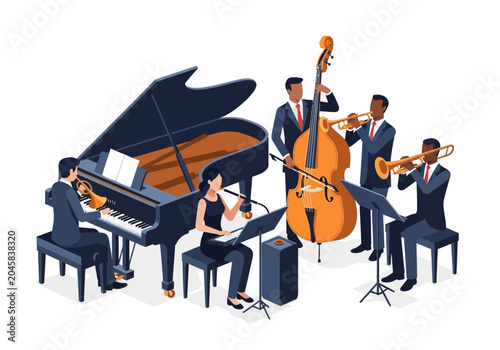Tableau sur toile Jazz Band Quintet Illustration with Musicians Playing Grand Piano, Double Bass, and Trumpets