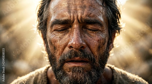 Close up of a Weathered Mans Face Eyes Closed in Deep Emotion Tears Falling Illuminated by Golden Divine Light Spiritual Moment