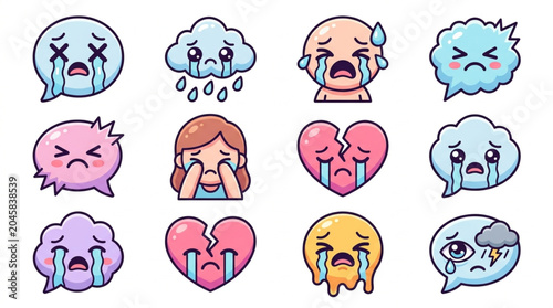 Bild auf Leinwand Collection of Sad and Crying Emoji Faces and Symbols.