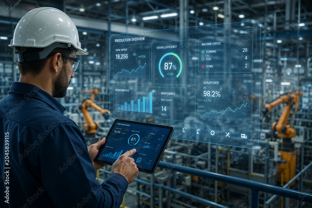 Engineer using tablet for smart factory production monitoring with holographic interface