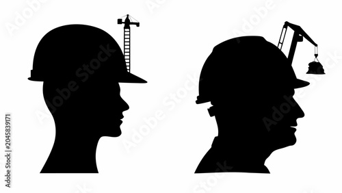 Silhouettes of construction workers with crane and tower