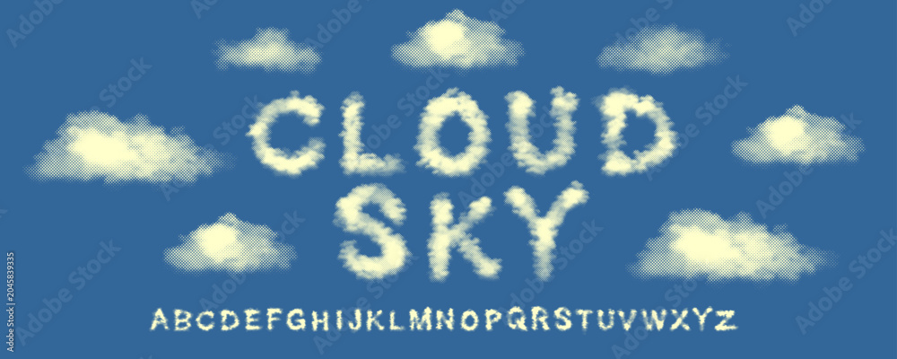 Naklejka premium Abstract cloud sky alphabet displaying realistic halftone cloud texture letter set for creative kids book title banner education presentation poster layout design element isolated clip art.