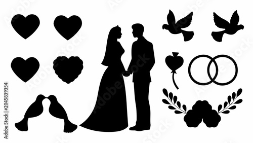Black silhouettes of a wedding couple with hearts and doves