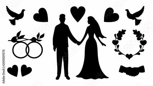 Black silhouettes of a wedding couple with hearts and doves