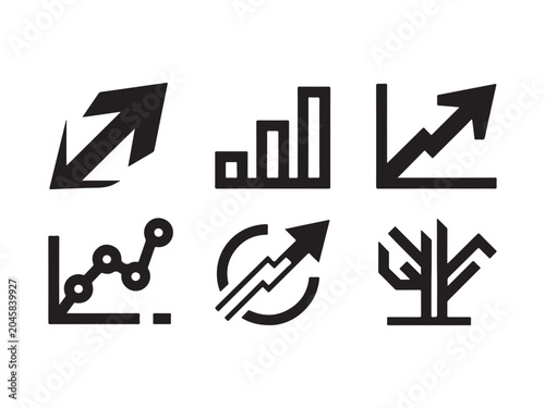 Six black business graph and chart icons with arrows on white background