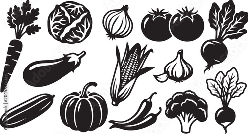 фотографія Hand Drawn Vegetable Icons Set Black and White Vector Graphic