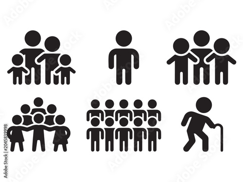Stick figures of people in various groups and relationships standing together or alone in different poses on white background