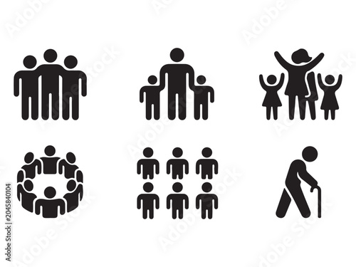 Stick figures of people in various social and family groups on white background