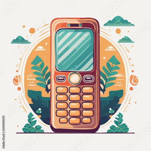 Retro mobile phone illustration with nature elements