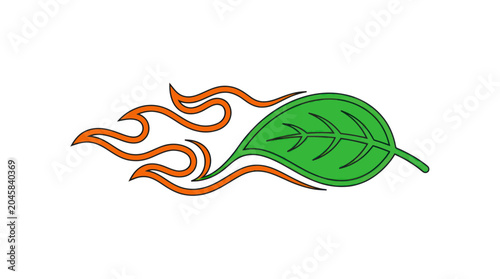 Obraz na plátne Green Leaf with Orange Flames Graphic