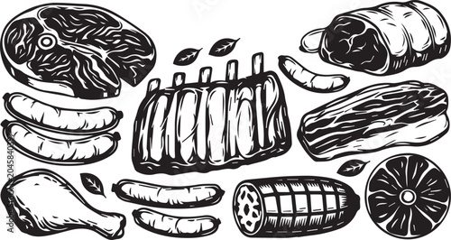 Tableau sur toile Meat Cuts and Sausage Icons Set for Butcher Shop Menu Design