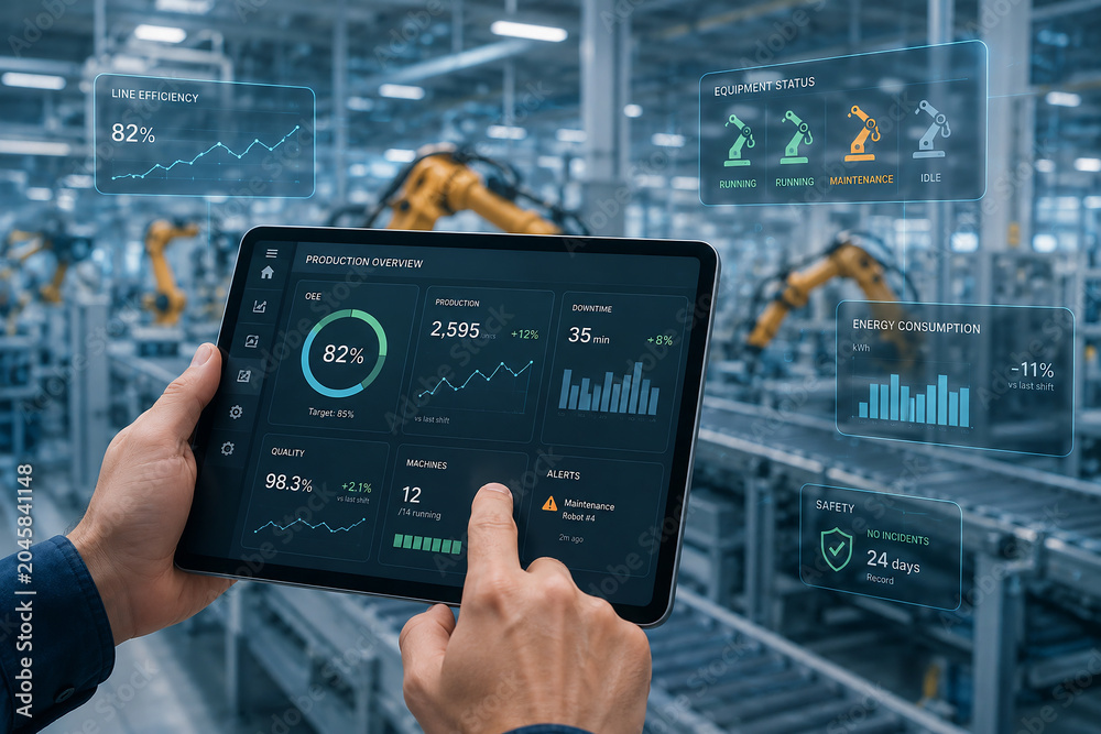 Smart Factory Management System with Tablet Dashboard and Robotic Arms