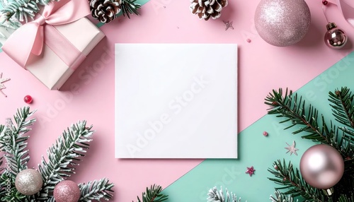 Festive Christmas Flat Lay with Gift Box and Ornaments.