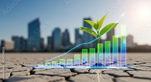 A green and red plant growing out of a cracked concrete surface with a city skyline in the background.