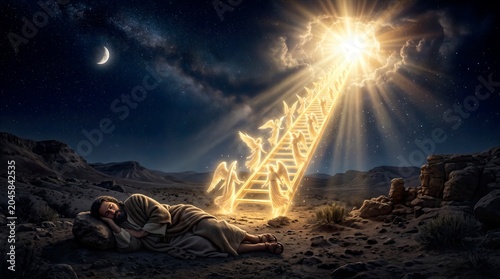 Jacobs Dream a Radiant Golden Ladder to Heaven Luminous Angels Ascending and Descending Under a Star filled Desert Night Peaceful Biblical Scene